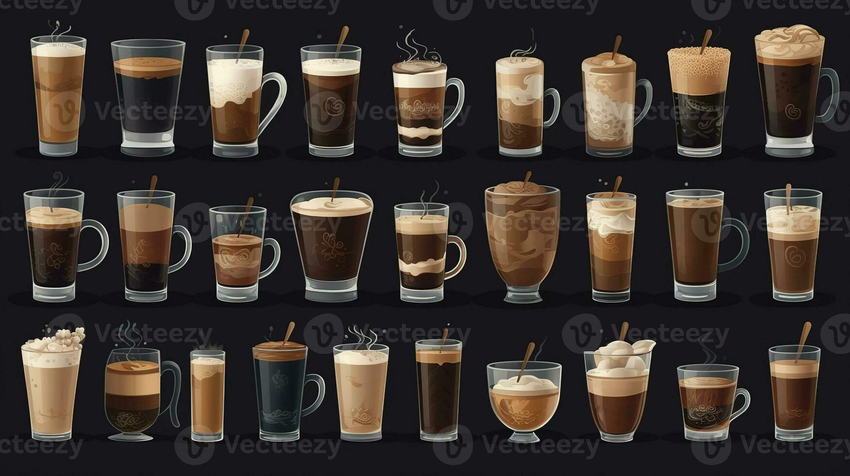 Set of different types of coffee. Illustration in cartoon style. AI generated photo