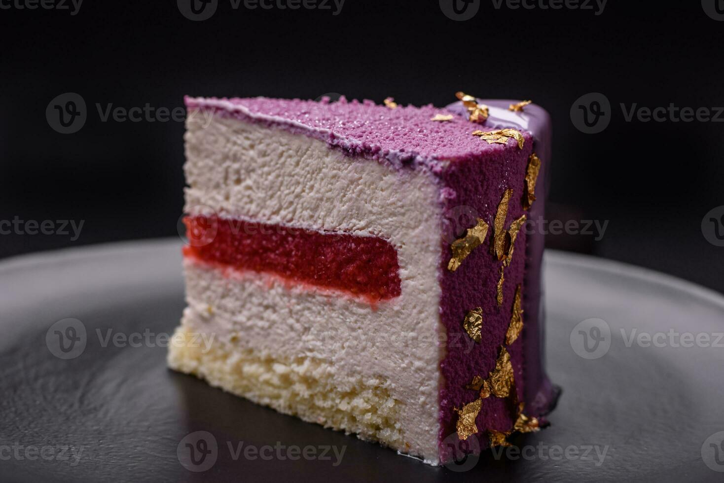 Delicious fresh sweet mousse cake with berry filling photo