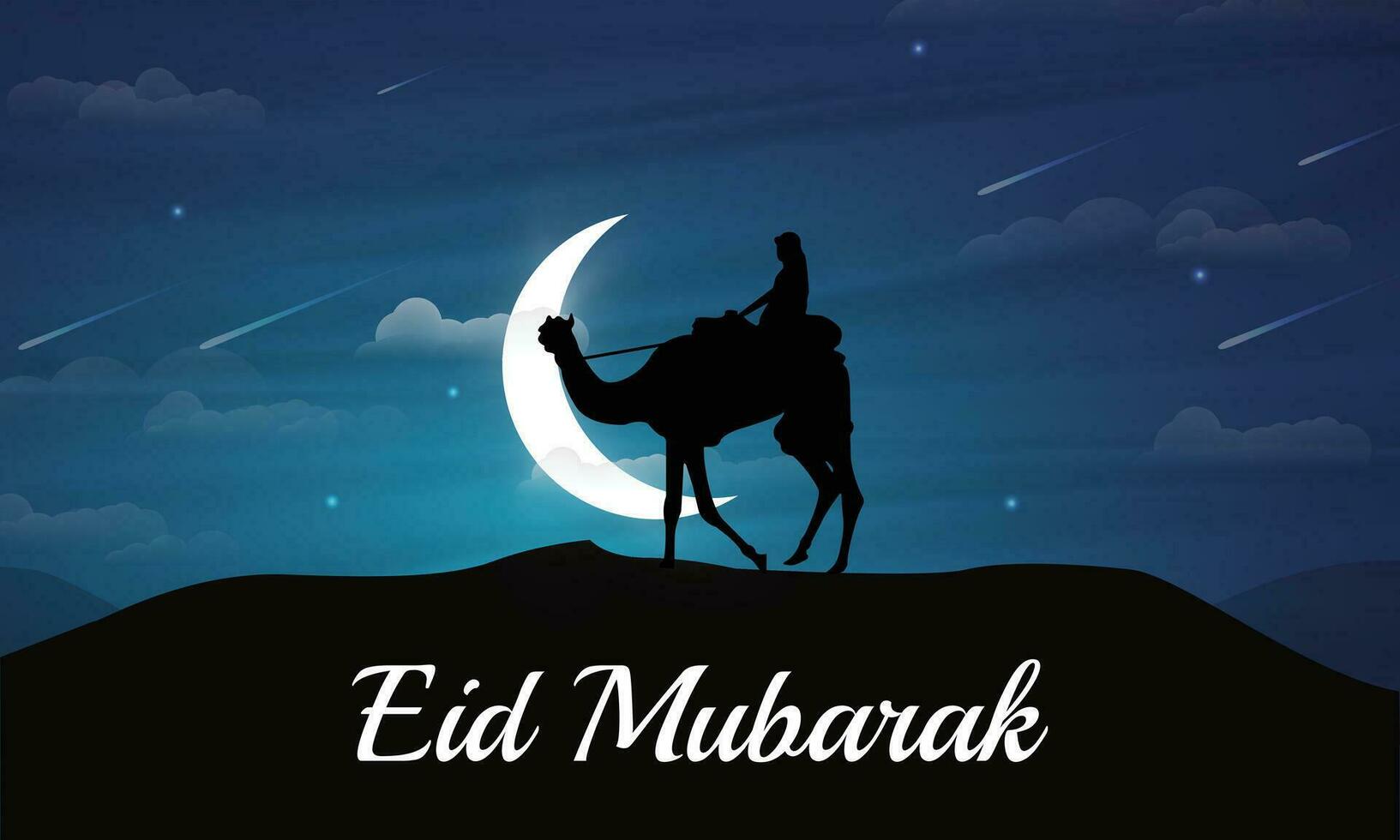 A Camel Rider in Front of the Crescent Moon in the Desert Night. Eid Mubarak Special Landscape Illustration Design. Suitable for Wallpaper, Background, Cover, Banner, Post, Album, Thumbnail. vector