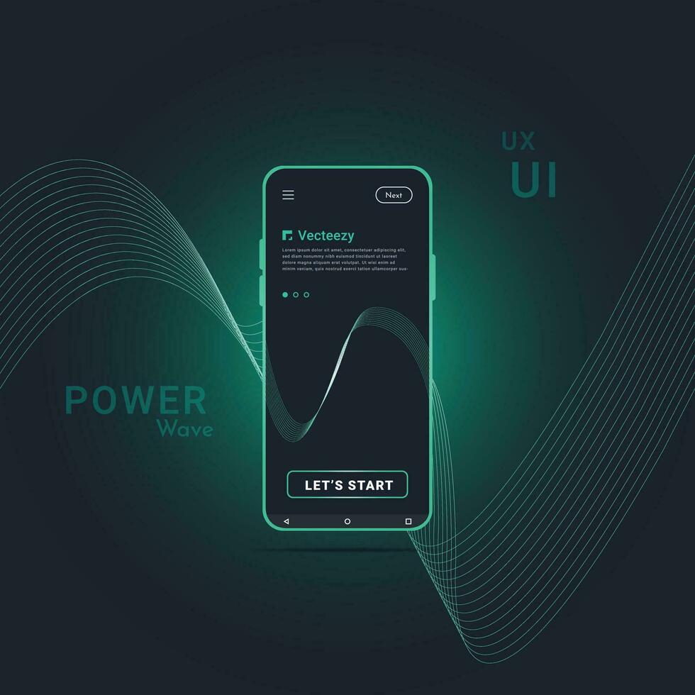 Creative smartphone layout. Green frame with neon glowing background - UI UX mockup. Suitable for technology concept, promotion, e-commerce, presentation, banner, flyer. Modern vector illustration.