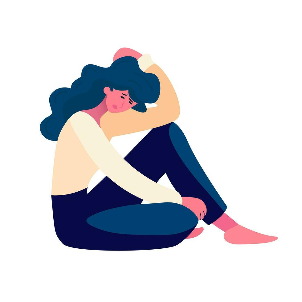 Apathetic exhausted woman with low energy, exhaustion. Apathy, psychology concept. Fatigue tired unmotivated girl. Burnout, tiredness, crisis. Isolated vector illustration