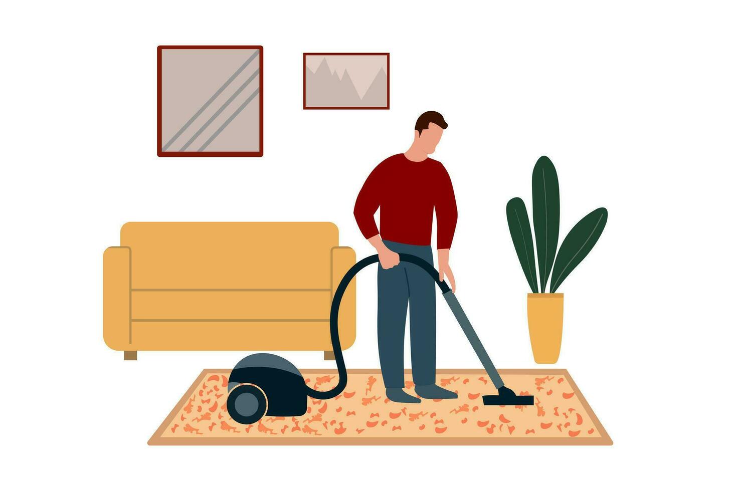 Male character during housework, housekeeping. Person cleans carpet, floor with vacuum cleaner in living room interior. Mature man cleaning home. Flat vector illustration isolated on white background