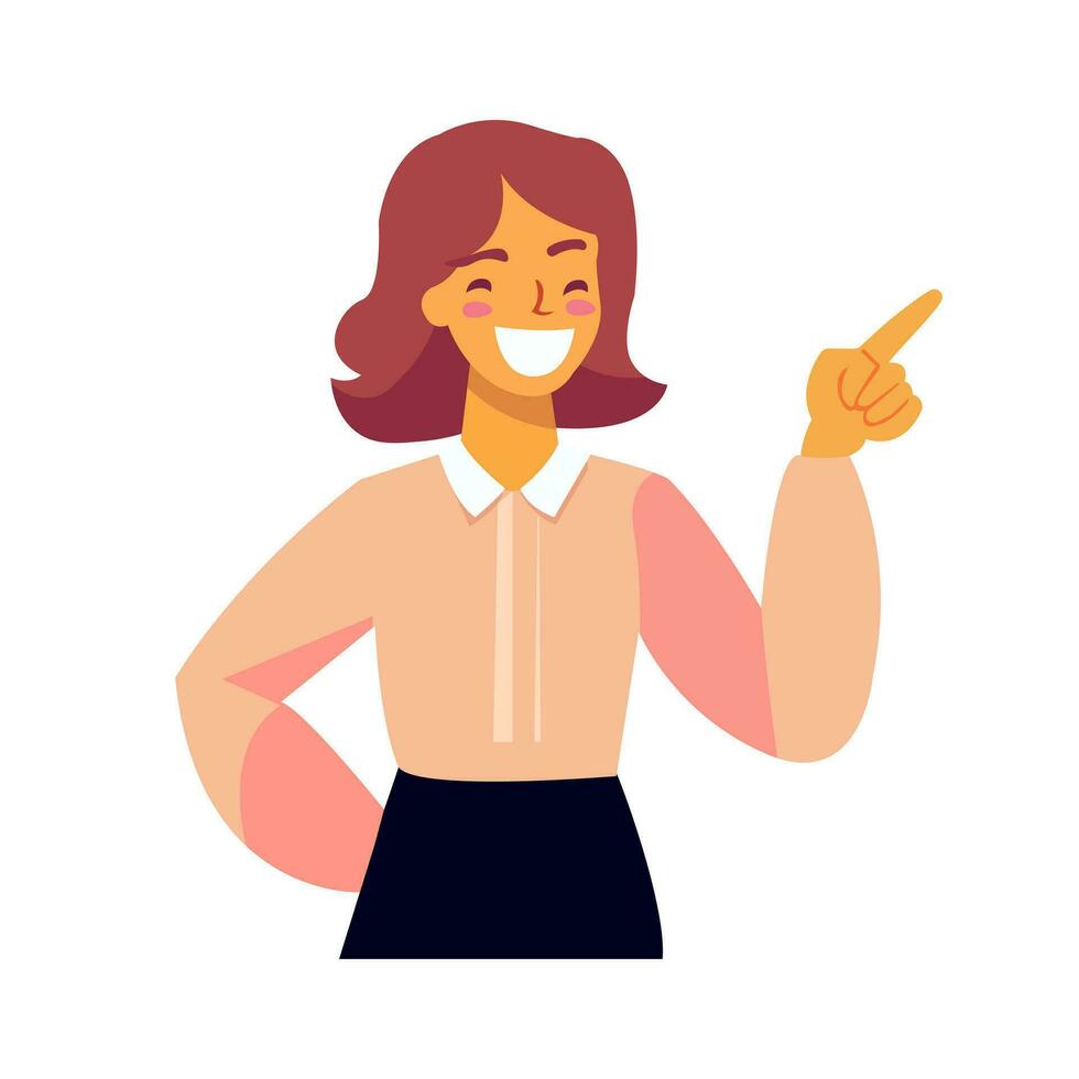 Happy young woman pointing and showing smile with hand. Smiling secretary or businesswoman explaining and presenting smth. Isolated vector illustration