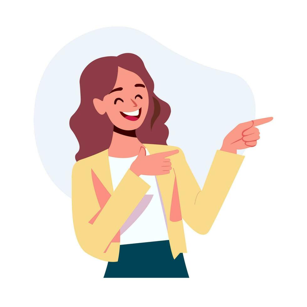 Happy young woman pointing and showing smile with hand. Smiling secretary or businesswoman explaining and presenting smth. Isolated vector illustration