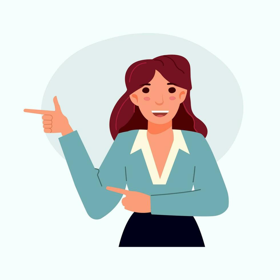 Happy young woman pointing and showing smile with hand. Smiling secretary or businesswoman explaining and presenting smth. Isolated vector illustration