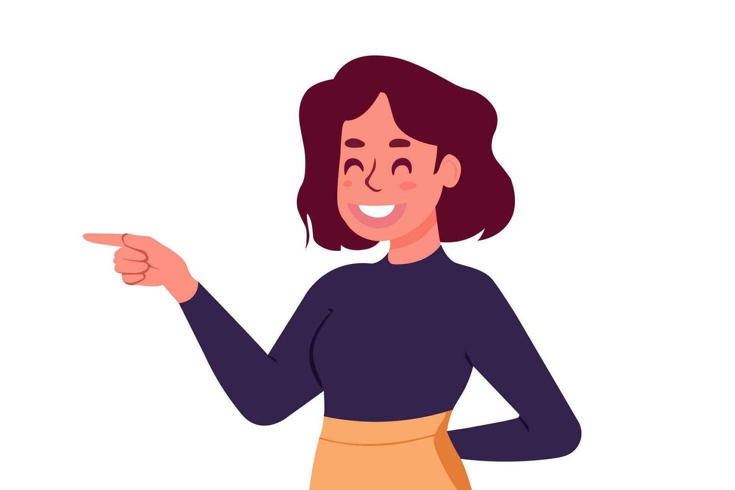 Happy young woman pointing and showing smile with hand. Smiling secretary or businesswoman explaining and presenting smth. Isolated vector illustration