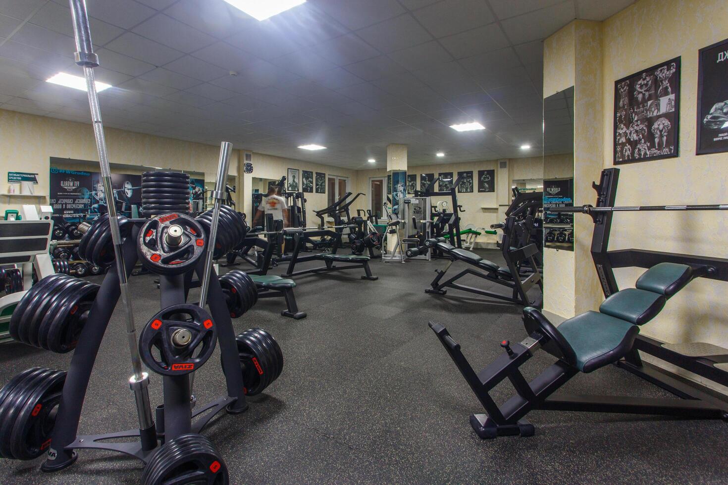 Grodno, Belarus - January 04, 2018 Interior of the fitness club Fitworld with fitness equipment photo