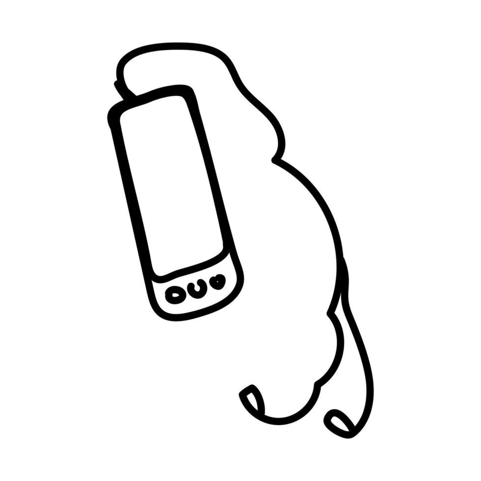 vector doodle illustration of mobile phone with headphones - black outline on white. Electronic gadget, smartphone for communication, icon