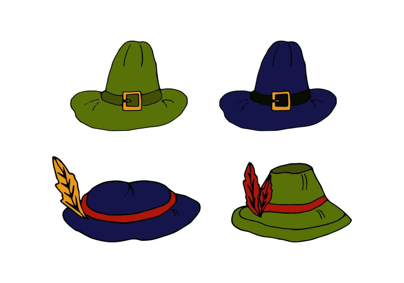vector color doodle illustration - blue and green hats for autumn holidays thanksgiving day, oktoberfest and halloween. Festive party hats