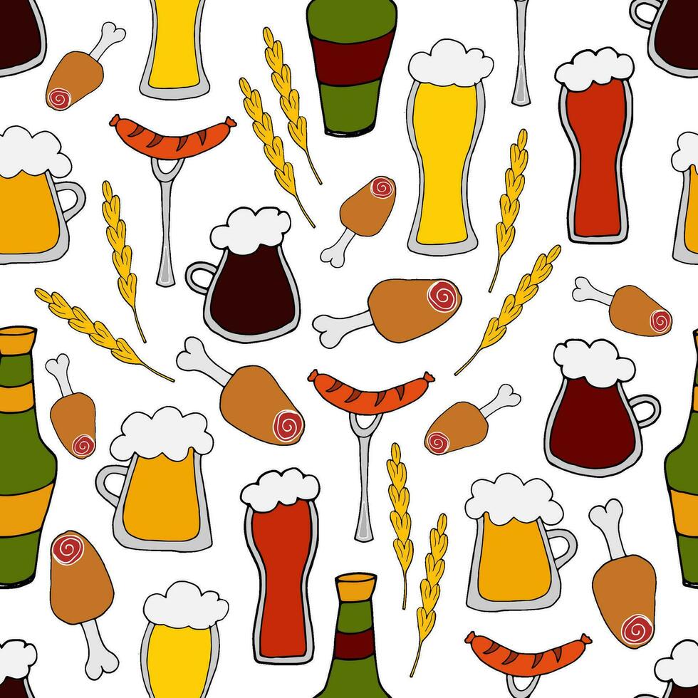 vector doodle illustration - seamless pattern different types of beer in mugs, glasses and bottles with snacks. Oktoberfest Beer Festival. for for packaging, web design, wallpaper