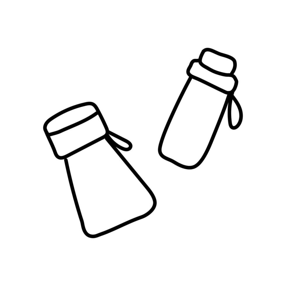 vector doodle illustration of thermoses icons for tourism - black outline on white. Thermal containers for hot drinks while traveling, hiking and camping