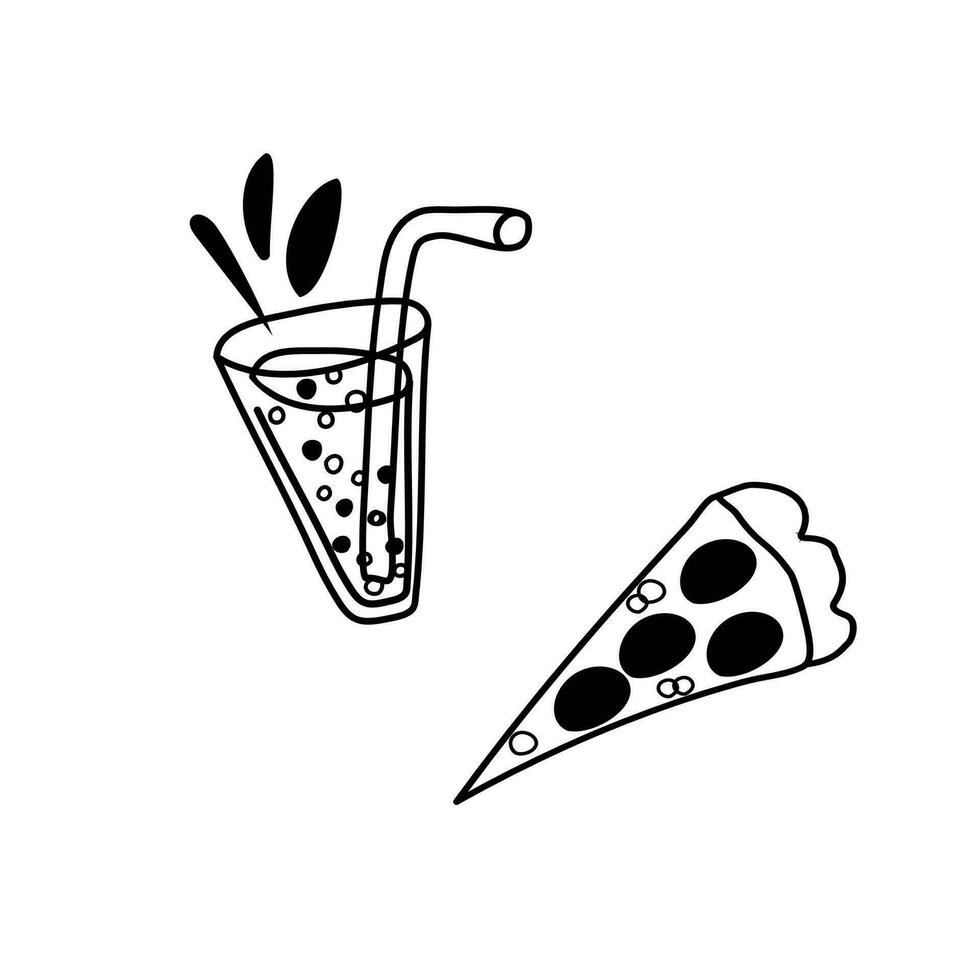 vector illustration doodle black contour lemonade with a straw and a piece of pizza. Fast food icons. Design for web design, packaging, postcards, flyers, labels