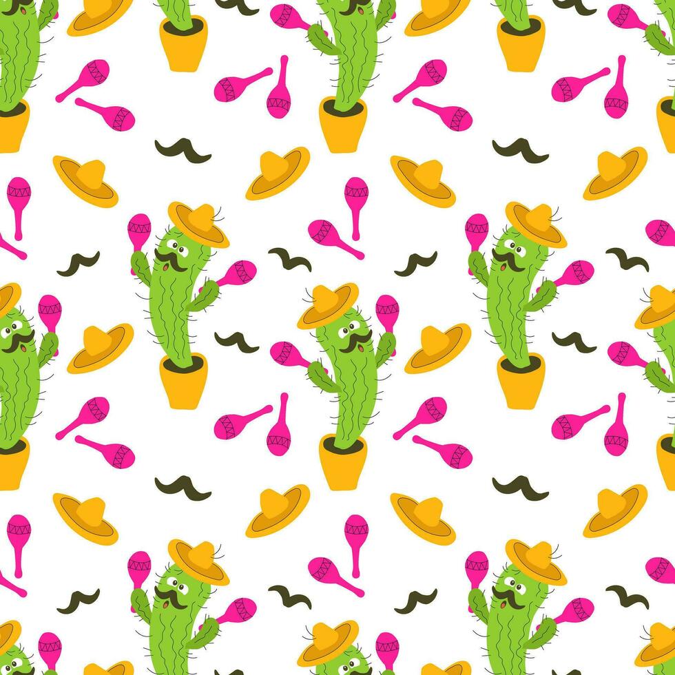 Seamless pattern cartoon dancing and singing mariachi cactus in a pot in a sombrero with maracas. Background for Mexico's national holiday Cinco de Mayo. Vector illustration