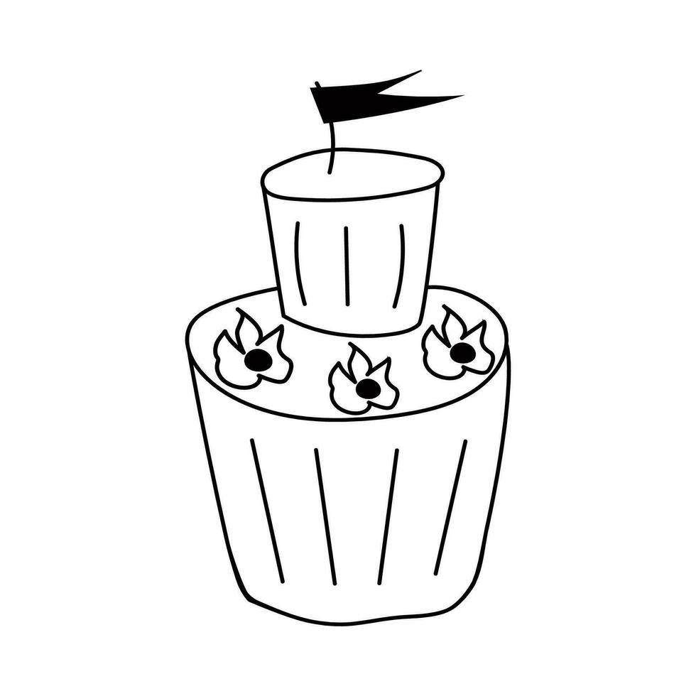 vector ilustración de garabatear negro y blanco contorno litera pastel con flores y bandera. decoración para Días festivos cumpleaños. diseño para embalaje, web diseño, postales, etiquetas, etiquetas