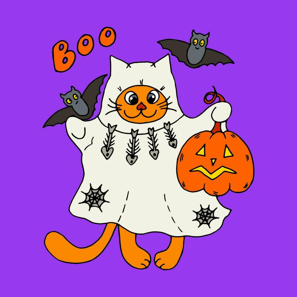 Cute ginger cartoon cat in a ghost costume with a pumpkin lantern and flying bats. Vector doodle Halloween illustration on violet background