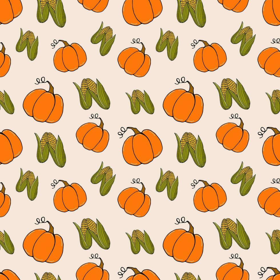 sin costura modelo de colores garabatear vegetales calabazas y maíz en ligero - otoño fondo, vector ilustración. para embalaje, textiles, fondos de pantalla, web diseño