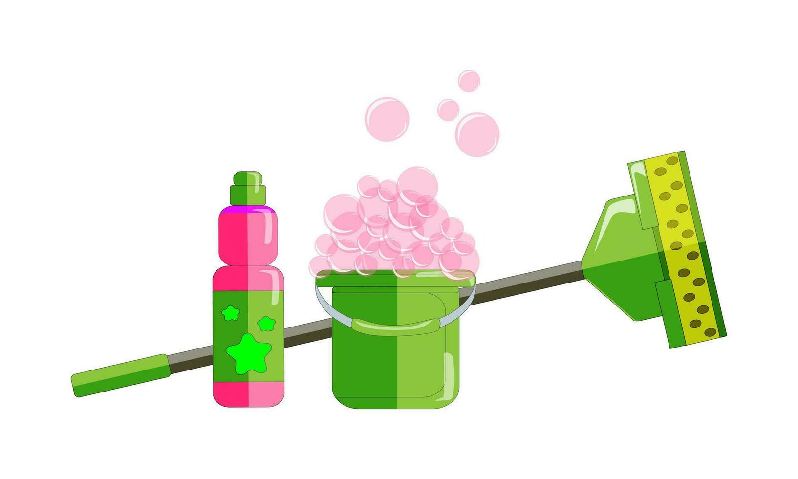 vector flat illustration - mop, detergent disinfectant and bucket with foam from soap bubbles. Equipment for cleaning, mopping