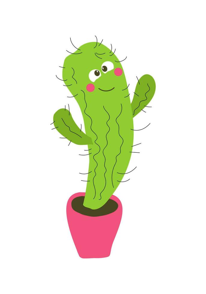 Vector doodle illustration of a cute cactus in a pot. Funny emotion character. For the design of packaging, postcards, flyers, stickers