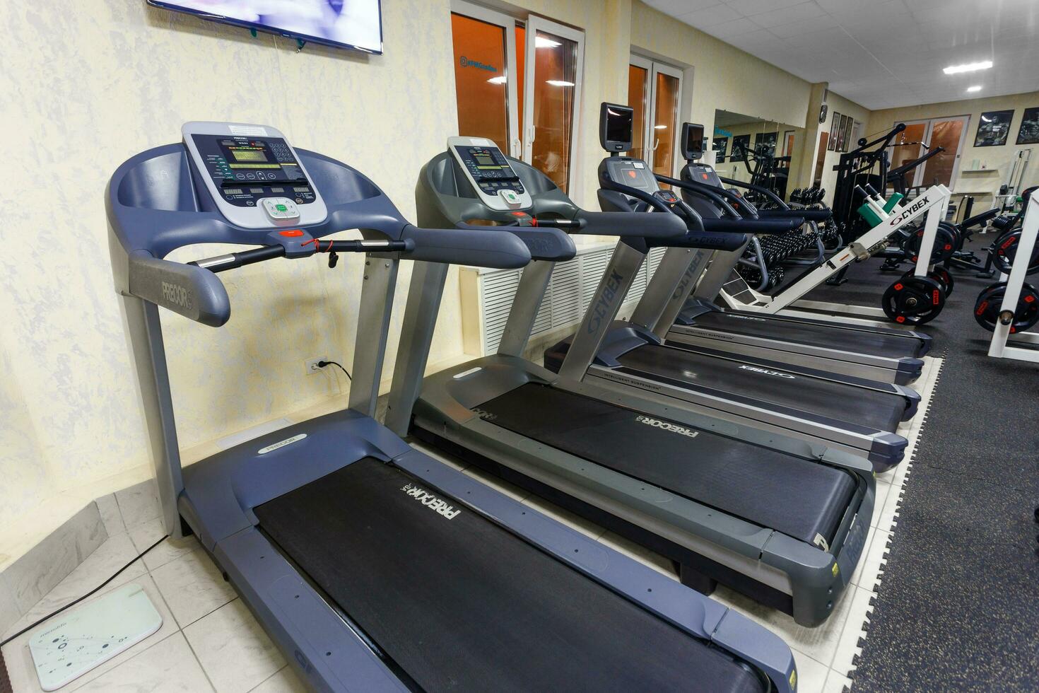 Grodno, Belarus - January 04, 2018 Interior of the fitness club Fitworld with fitness equipment photo