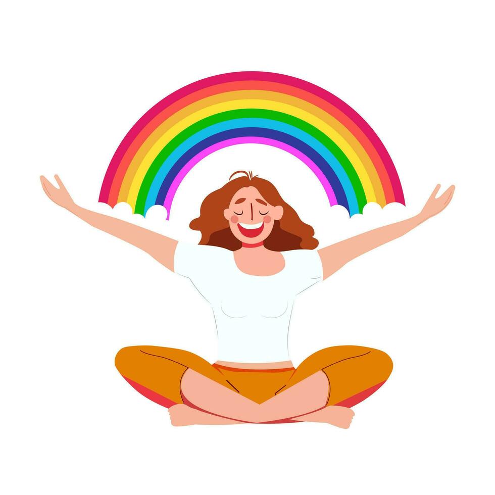 The smiling female character enjoys her freedom and life. Happy woman sits in lotus pose and opens her arms to the rainbow. Body positive and health care concept. Isolated vector illustration