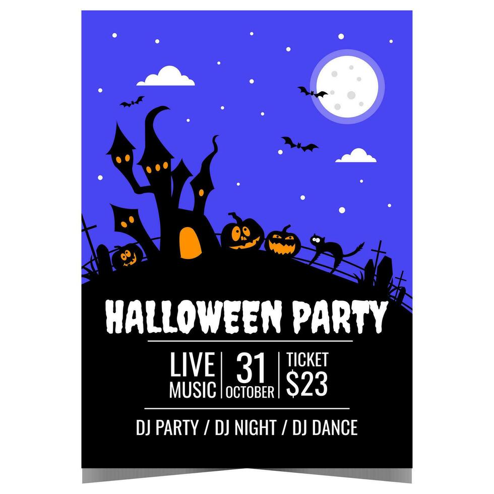 Halloween Party invitation flyer, banner or poster with spooky dark pumpkins, horrible castle, scared cat walking in the cemetery and bats in the night sky against the backdrop of a full moon. vector