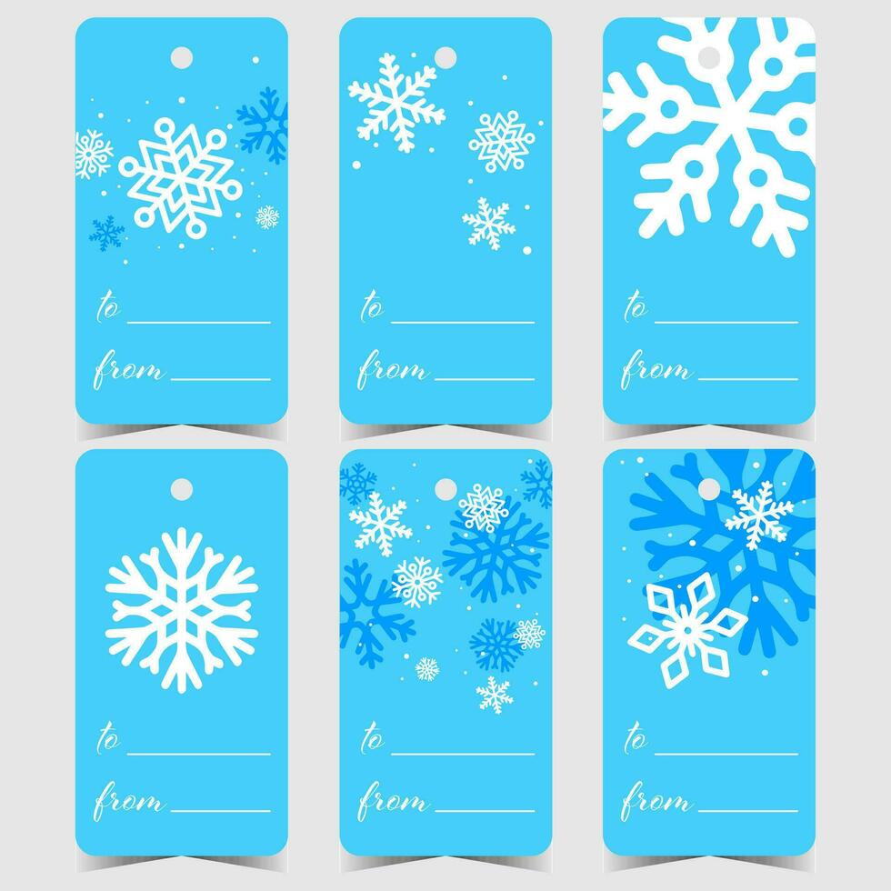 Christmas tags or labels for presents with white and blue snowflakes. Vector design of Christmas stickers, tickets and marks with a hole to tie or hang it on the gift boxes during winter holidays.