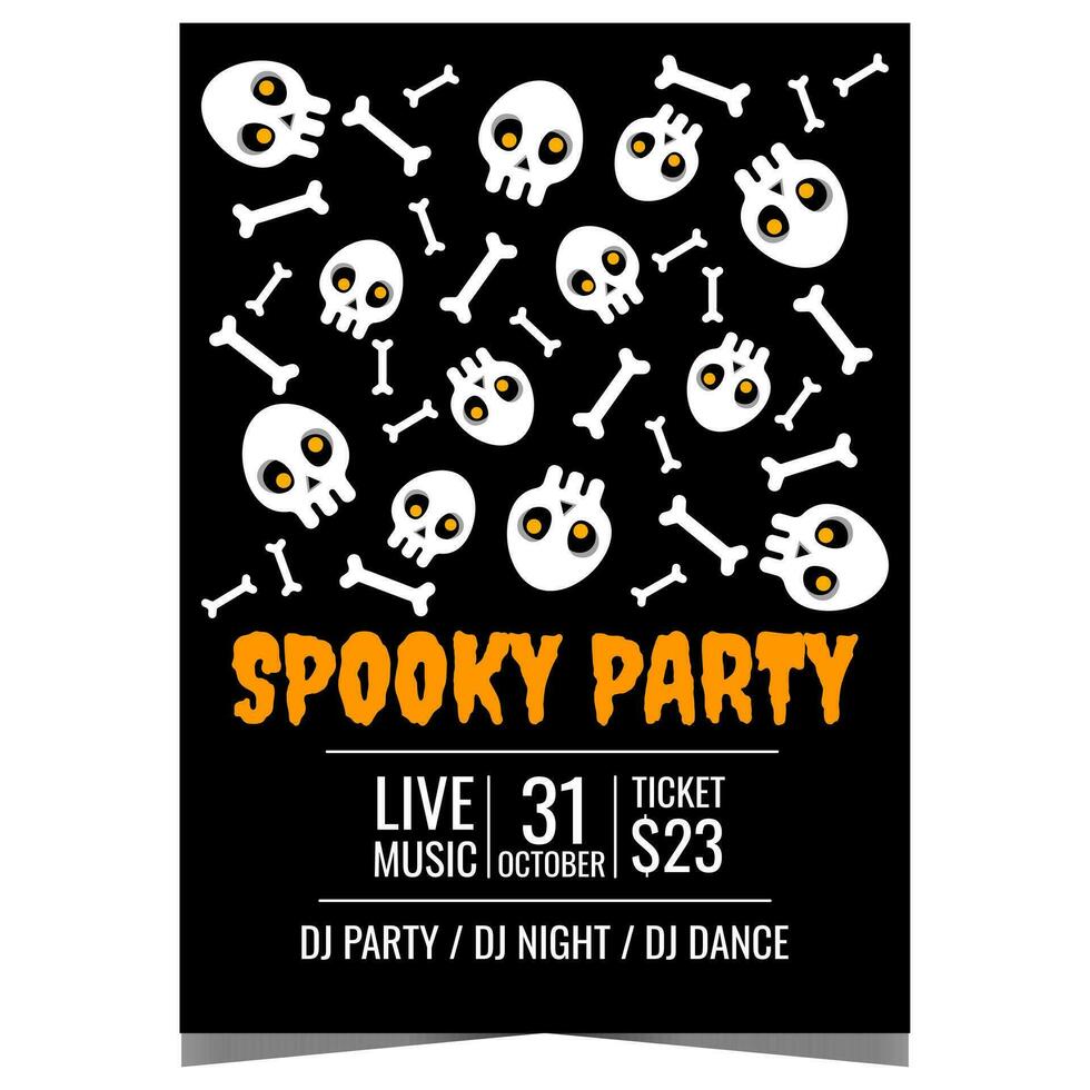 Halloween poster for spooky party with skeletons, skulls and bones on the background. Spooky Halloween party invitation flyer or banner to celebrate the All Saints' Day on October 31. vector