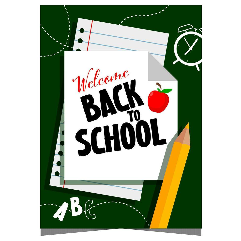 Back to school poster or banner design. Exercise book with Welcome back to school notice, pencil, alarm clock and letters written on the blackboard. Announcement for pupils of the new school year. vector