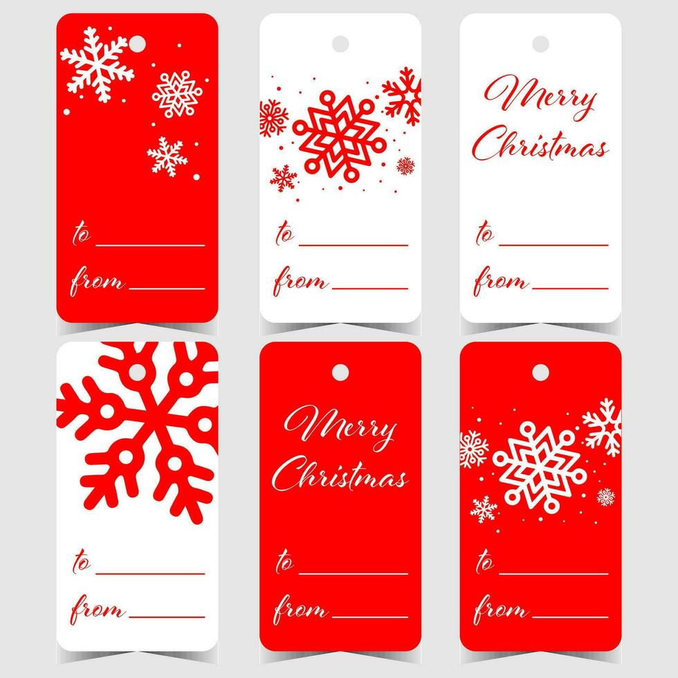 Navidad etiquetas o etiquetas para regalos con copos de nieve y alegre Navidad letras en rojo y blanco antecedentes. vector imprimible pegatinas diseño a etiqueta regalos para Navidad y nuevo año vacaciones.