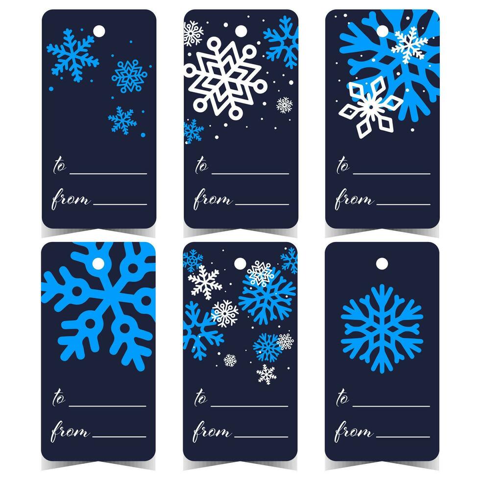 Christmas tags, labels or stickers with blue snowflakes and a hole to tie or hang it on a gift box or present during the New Year and Christmas holidays. Ready to print and sign Christmas marks. vector