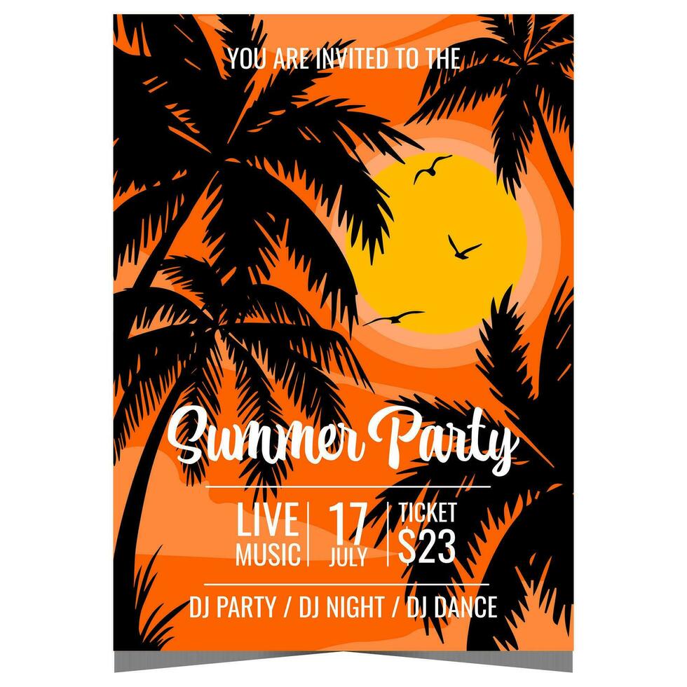 Summer party poster, banner or invitation flyer with palm trees and tropical sunshine on the background. Vector summertime and vacation season concept for exotic relaxing event on the beach.