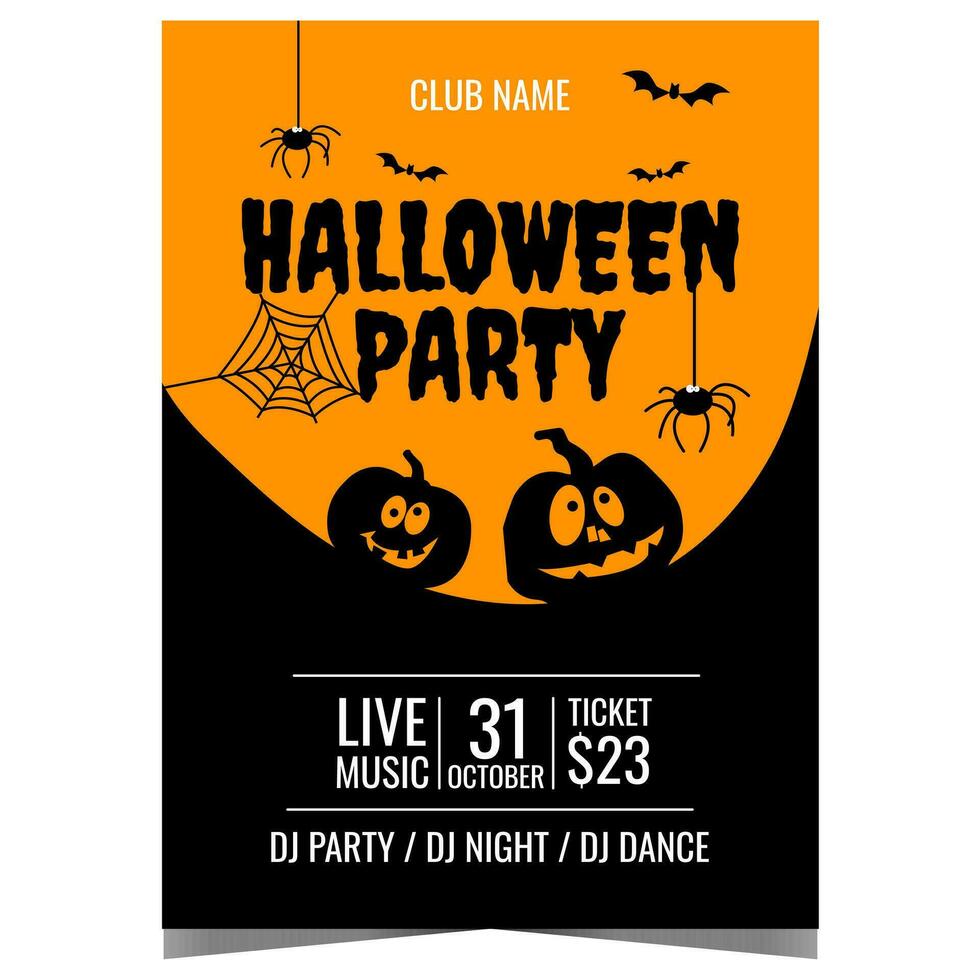 Nightmare Halloween party poster with scary pumpkins, spiders and bats on black-orange background. Halloween party invitation flyer, advertisement banner or leaflet to celebrate the All Saints' Day. vector