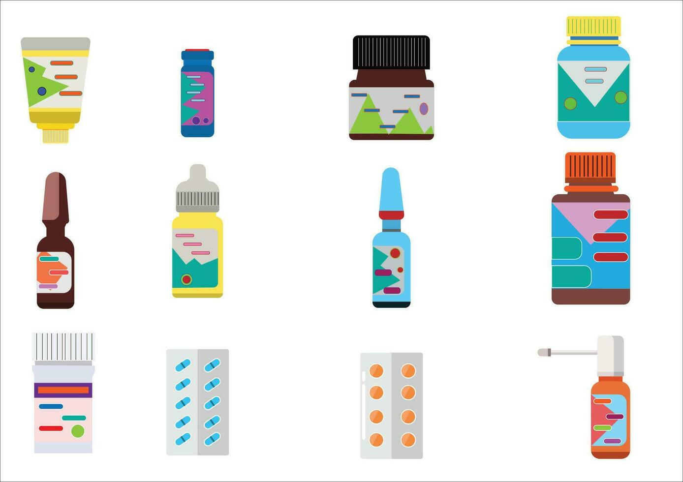 Set of medicine bottles and pills collection. Bottles of drugs.tablets,capsules vitamins. Vector flat illustration and health style.