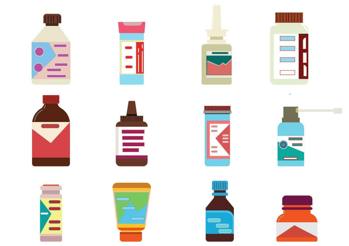 Set of medicine bottles and pills collection. Bottles of drugs.tablets,capsules vitamins. Vector flat illustration and health style.