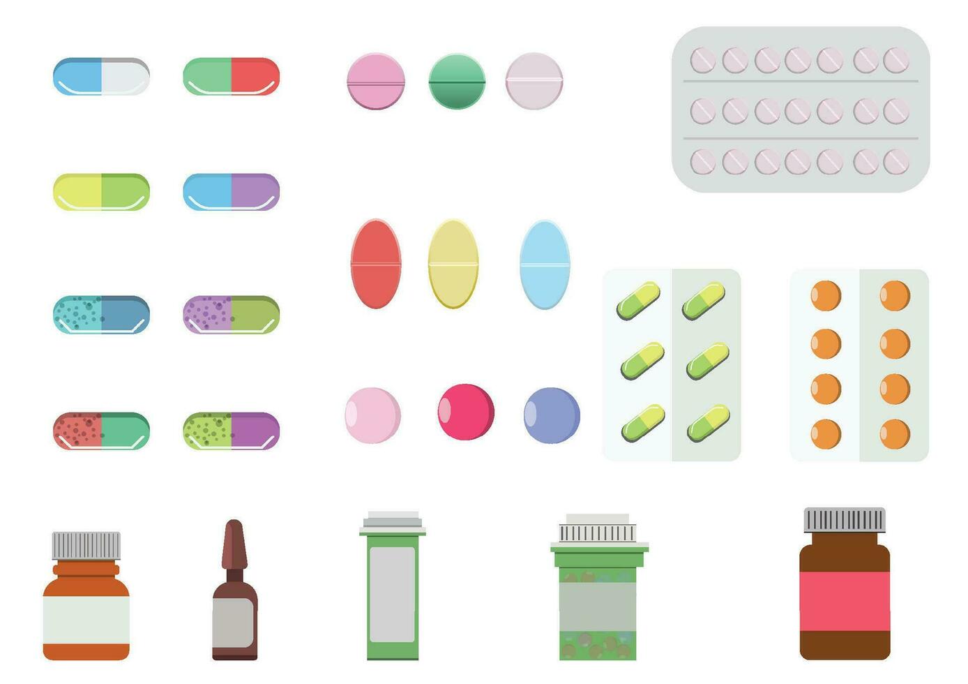 Set of medicine bottles and pills collection. Bottles of drugs.tablets,capsules vitamins. Vector flat illustration and health style.