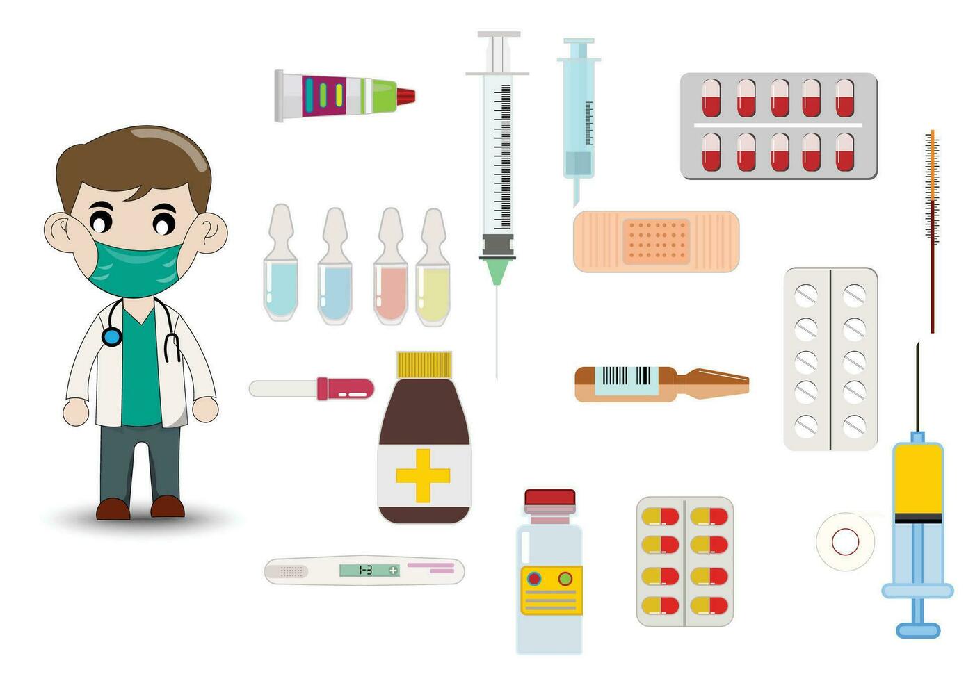 Set of doctor and pills collection.Bottles of drugs.tablets,capsules vitamins. Vector flat physician and health style.