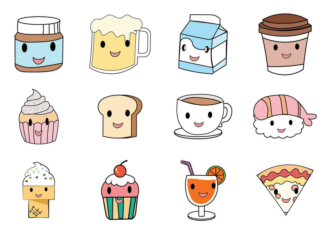 diferente tipo de dulce y panadería iconos.tales como hielo crema, torta, batidos, pan, pizza.set de postres y panadería en blanco antecedentes. vector