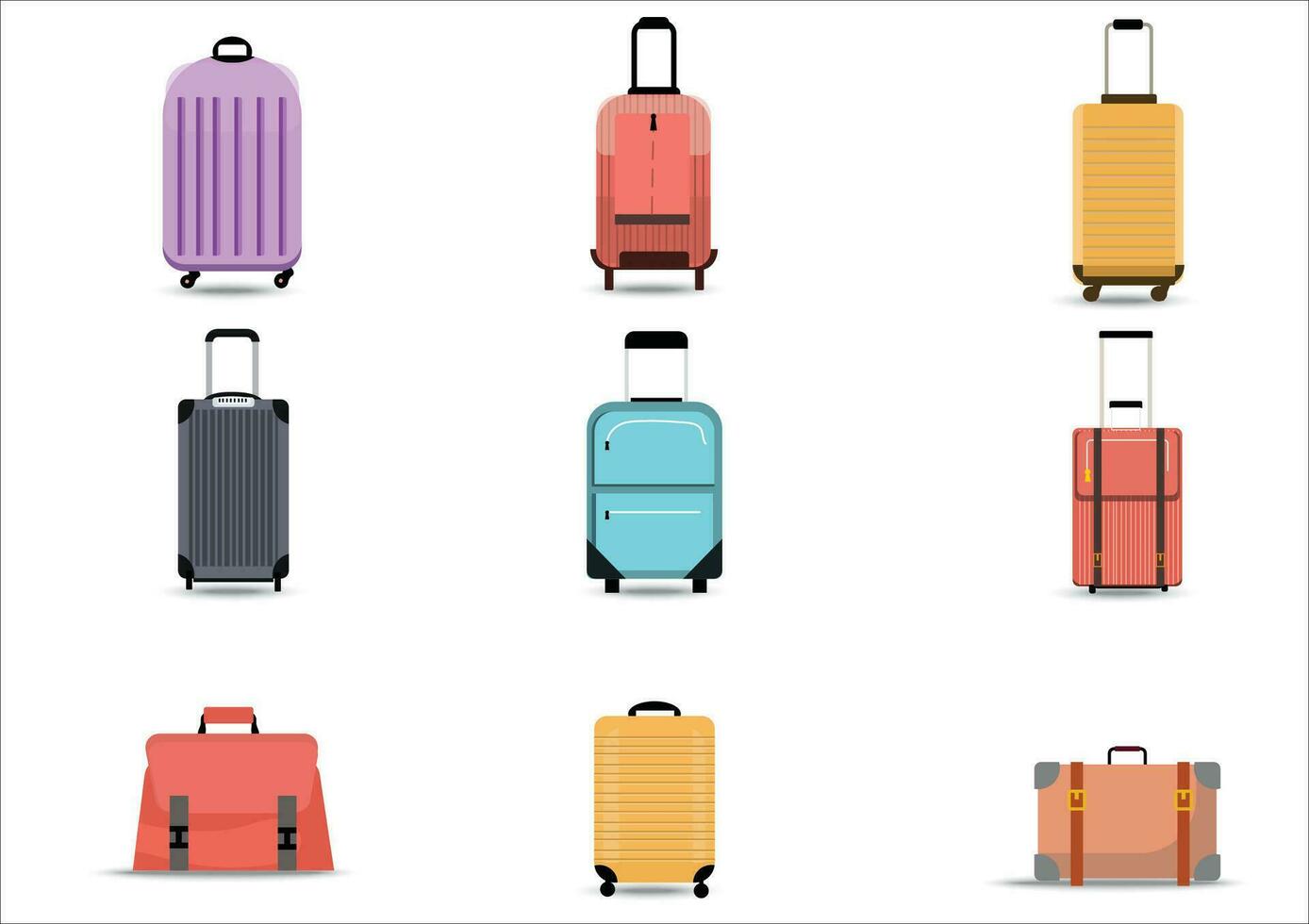 A bag set isolated on white background.Luggage tourists fashioned colored objects bags.travellers,vector,travel,suitcases,business cases,travel luggage,vector for luggage and travel. vector