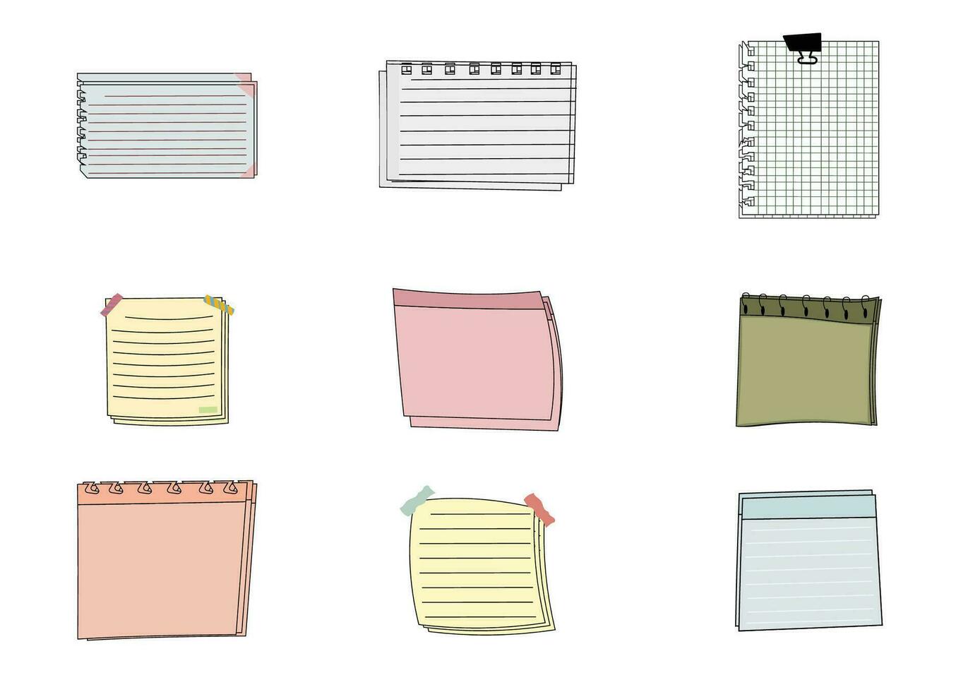 Paper note set.Blank notes with tape and stickers.Notebook collection with curled corners. Adhesive Note,Checked Pattern,Paper,Education. Vecter message and notepaper concept. vector