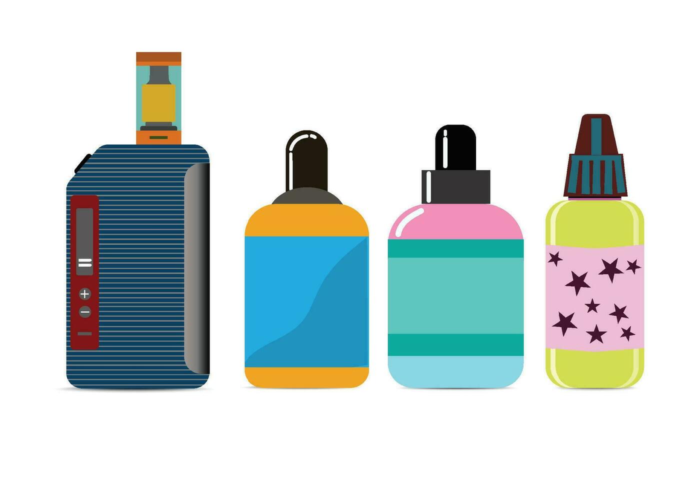 Electronic Cigarettes and accessories icons set. Vaping device and bottles with vape liquid. Liquid cotton,Pincers vape,Vape Pen,Vector E-cigarette and Flat vector. vector