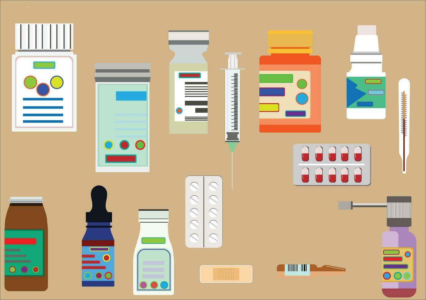 Set of medicine bottles and pills collection. Bottles of drugs.tablets,capsules vitamins. Vector flat illustration and health style.