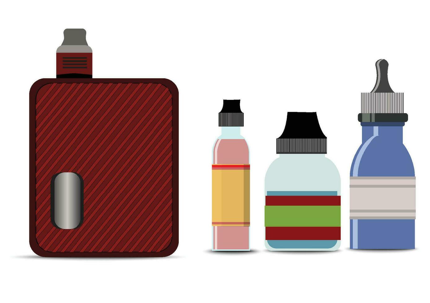 Electronic Cigarettes and accessories icons set. Vaping device and bottles with vape liquid. Liquid cotton,Pincers vape,Vape Pen,Vector E-cigarette and Flat vector. vector