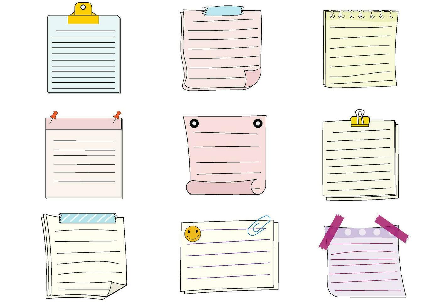 Paper note set.Blank notes with tape and stickers.Notebook collection with curled corners. Adhesive Note,Checked Pattern,Paper,Education. Vecter message and notepaper concept. vector