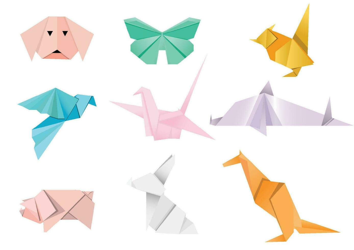 Set Paper animals.Origami animals made of paper in origami technique.Cartoon geometric wild animal shaped figures vector set.