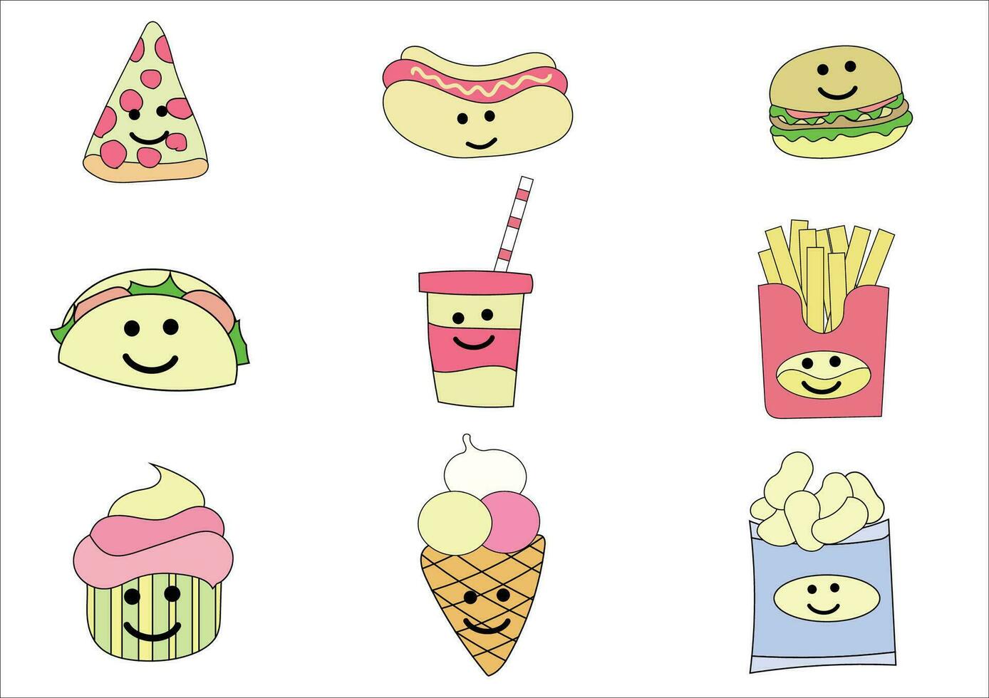Different kind of sweet and bakery icons.such as ice cream,cake,smoothies,bread,Pizza.Set of desserts and bakery on white background. vector