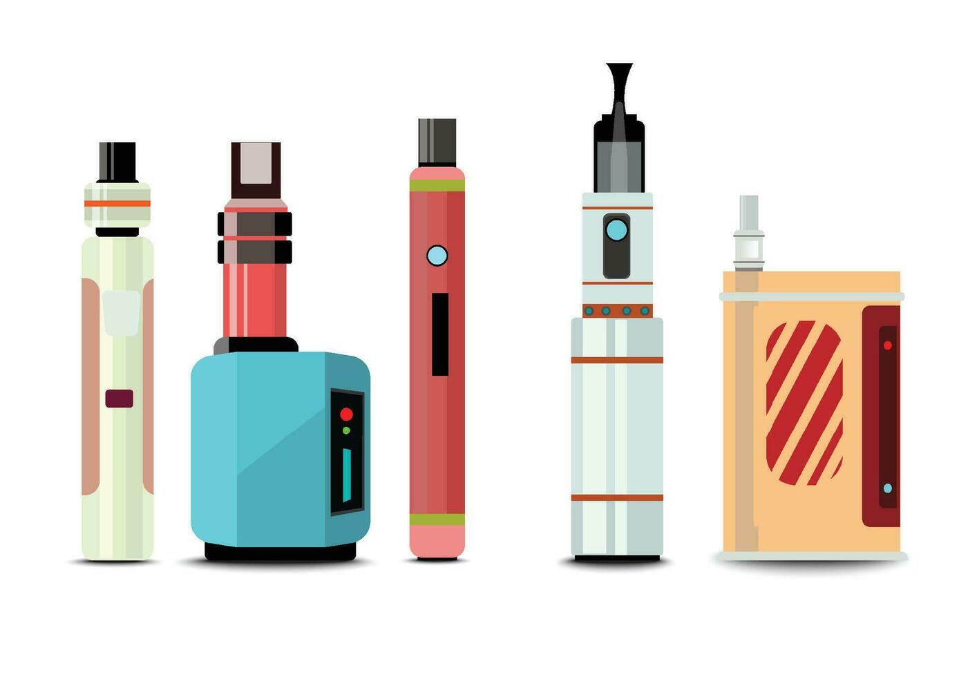 electrónico cigarrillos y accesorios íconos colocar. vaping dispositivo y botellas con vape líquido. líquido algodón, pinzas vaporizador, vaporizador pluma,vector cigarrillo electrónico y plano vector. vector