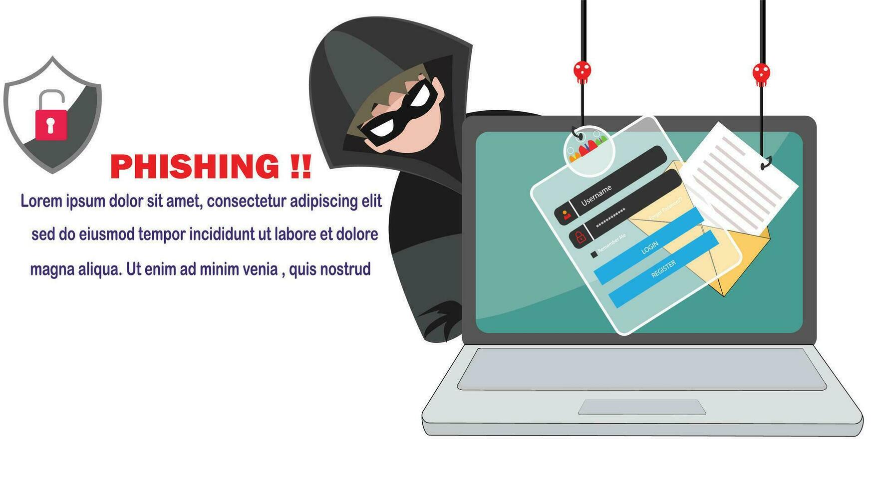 hacker man use note book computer stealing confidential data, personal information,Ransomware, malware, virus, extortion,data,lock.Vector concept Computer security and technology. vector