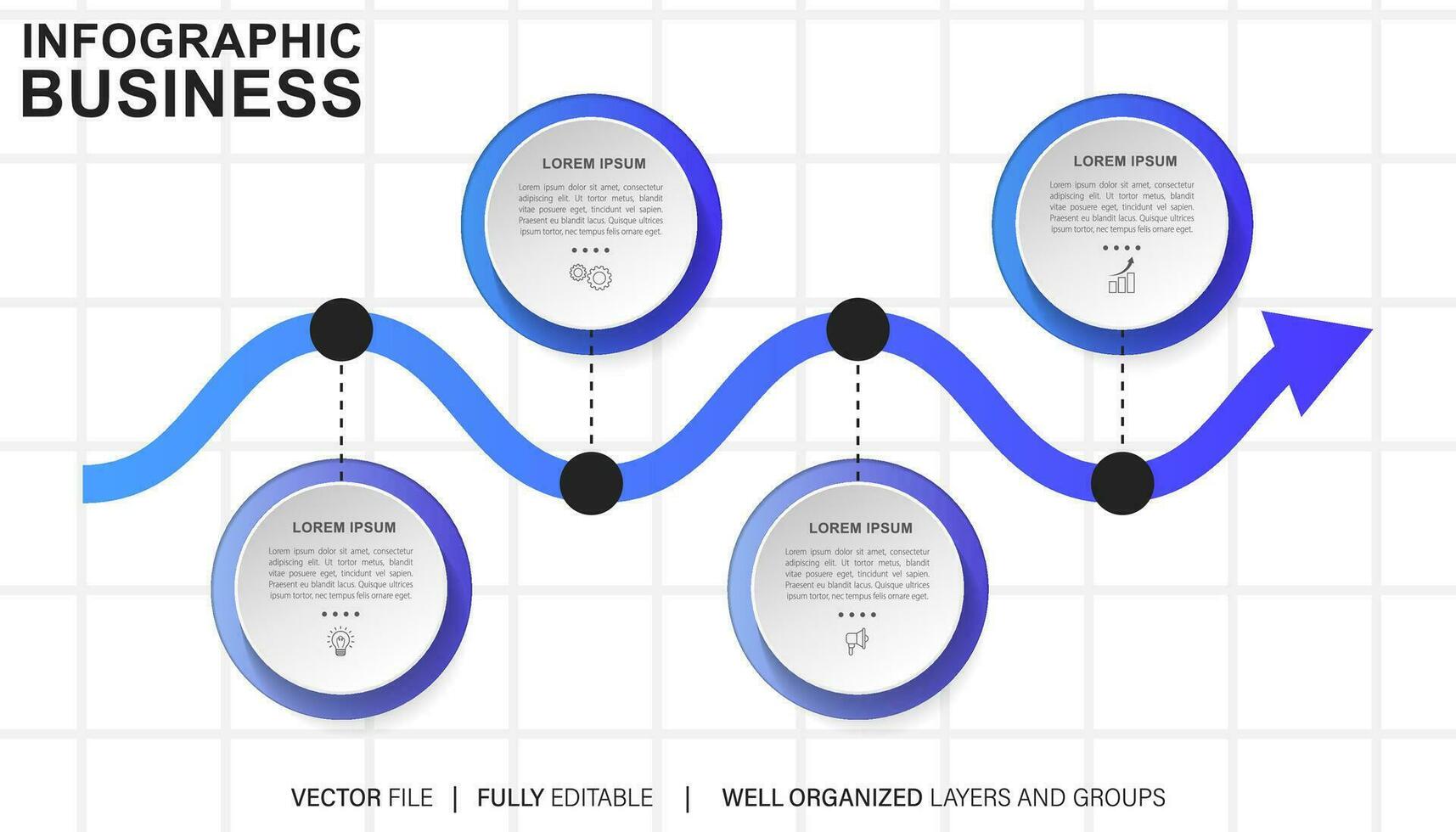 Timeline infographic with infochart. Modern presentation template with 6 spets for business process. Website template on white background for concept modern design. Horizontal layout. vector