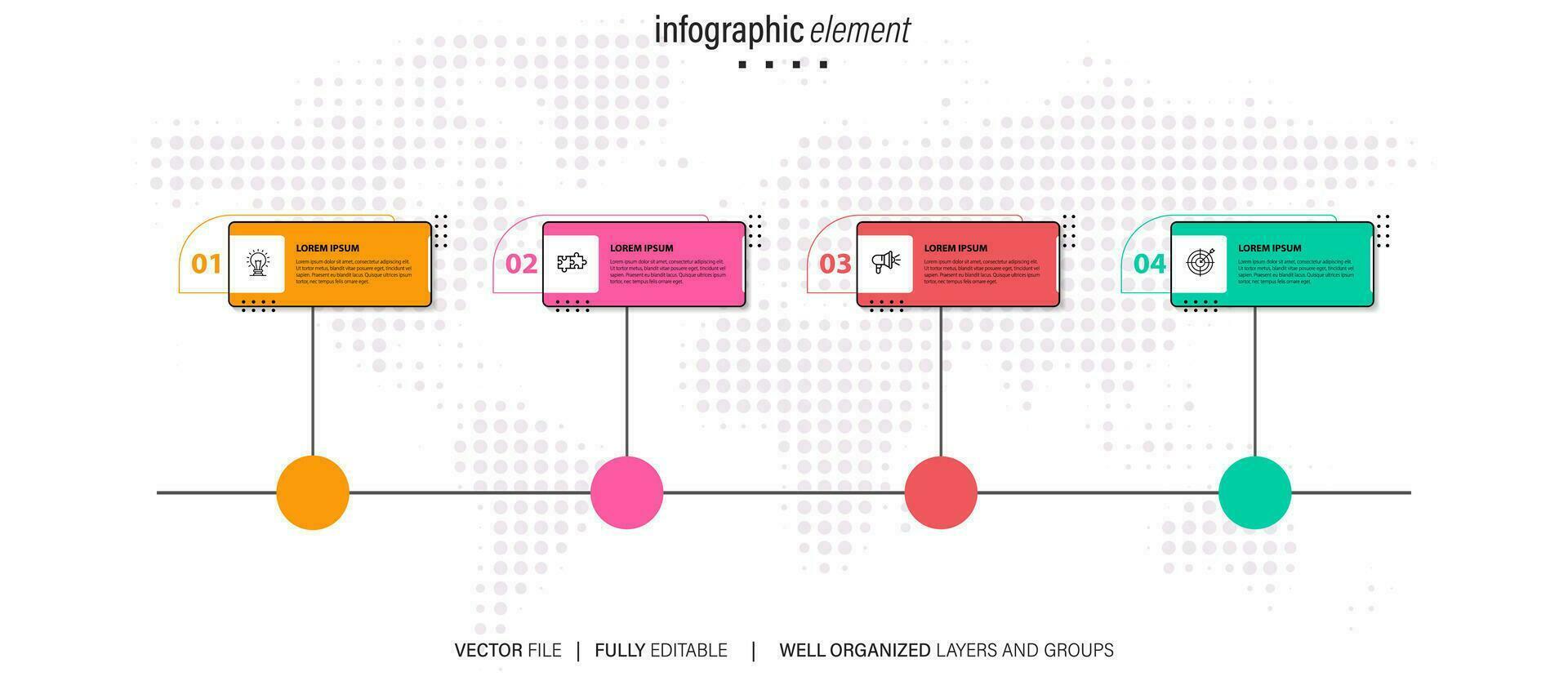 Mind map infographic template or element as a vector with 4 step, process, option, colorful label, icons, semicircular, circular, branch arrow, for sale slide or presentation, minimal, modern style