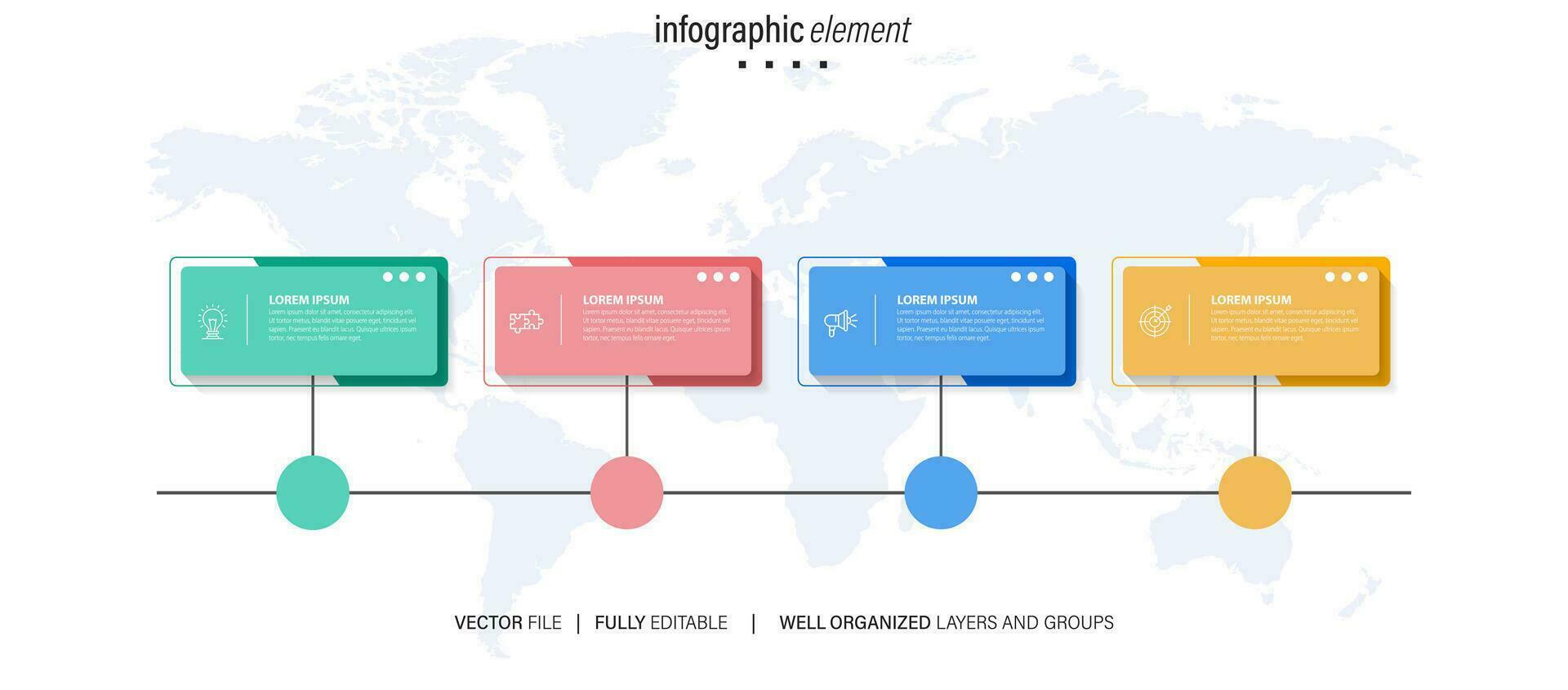 plantilla infográfica vectorial con etiqueta de papel 3d, círculos integrados. concepto de negocio con 4 opciones. para contenido, diagrama, diagrama de flujo, pasos, partes, infografías de línea de tiempo, flujo de trabajo, gráfico. vector